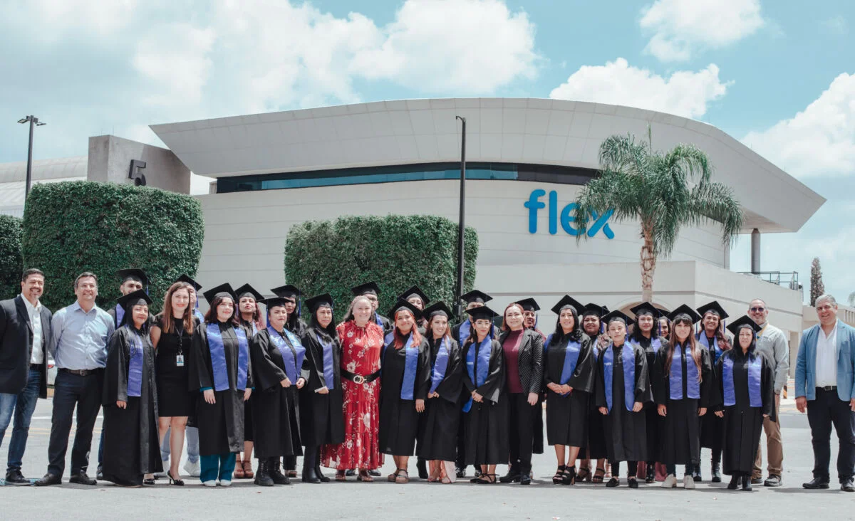 Bachelor's Graduates at Flex in Mexico in front of Flex building