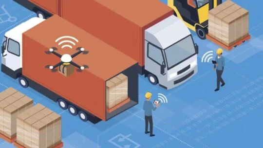 illustration of person interacting with supply chain delivery trucks and drones